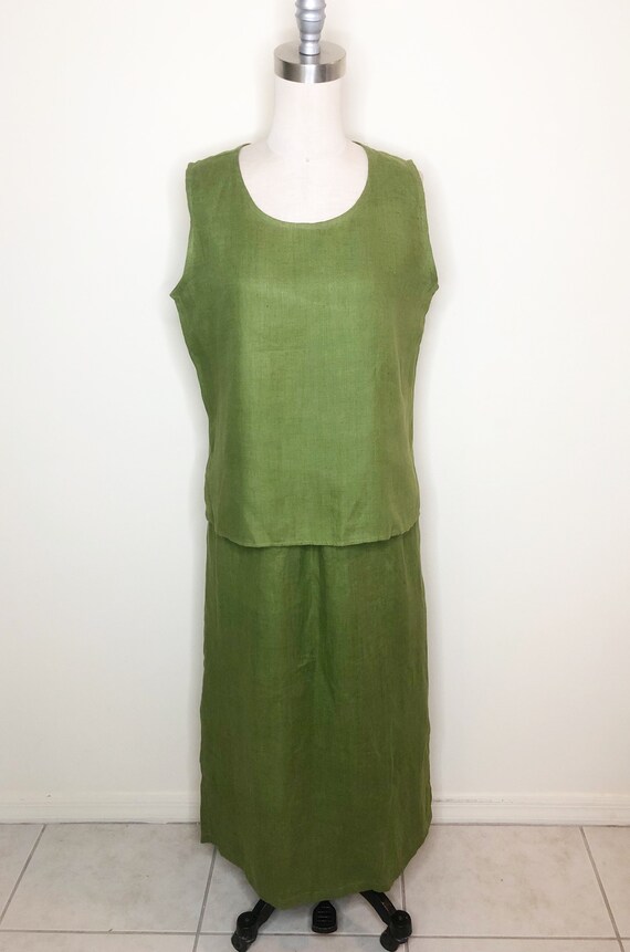 Linen maxi skirt, linen sleeveless top, olive gree