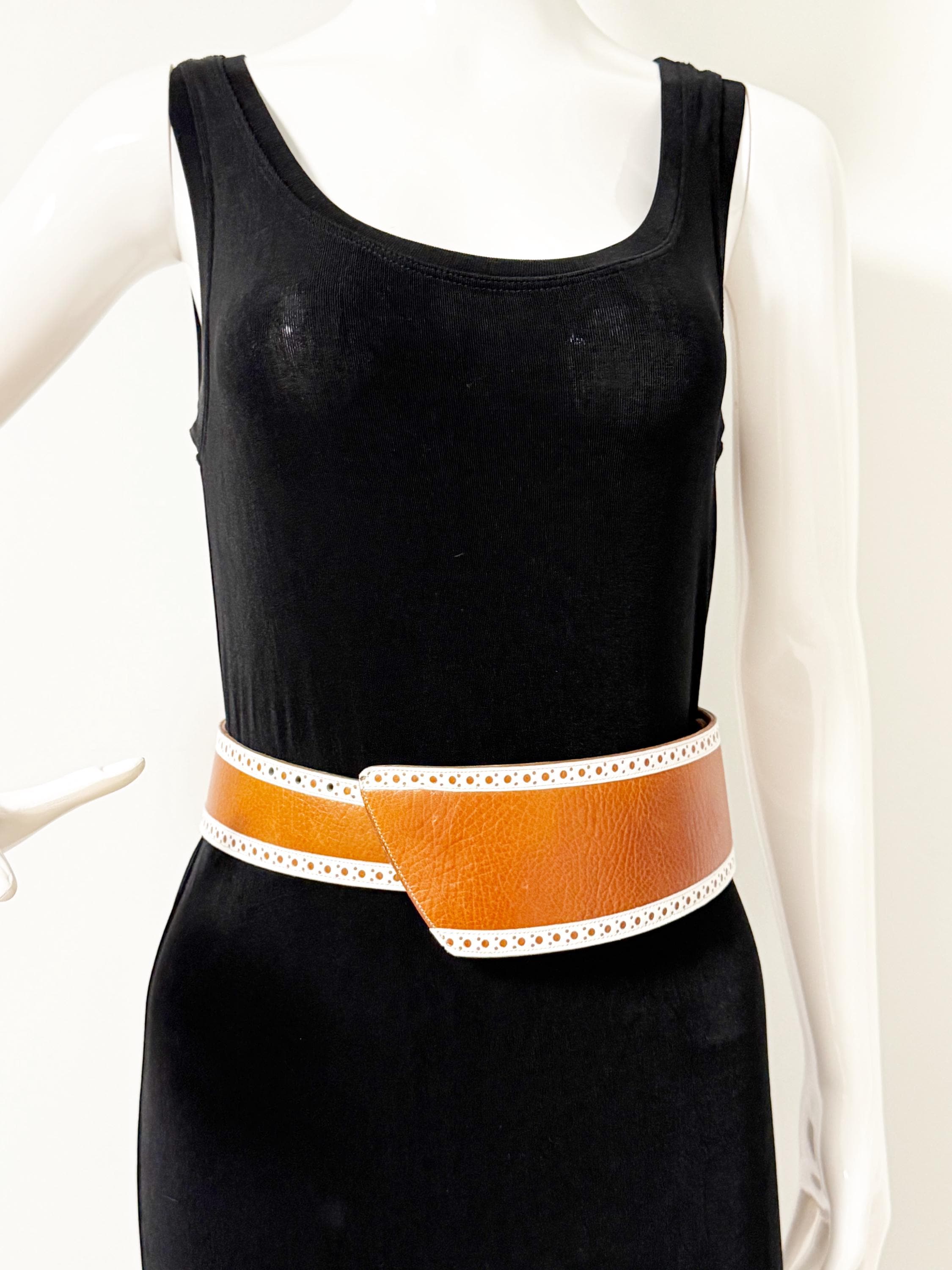 Vintage Wide Asymmetrical Belt, Brown and White Belt, Ginnie 