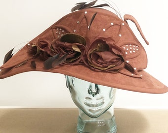 Vintage brown suede hat, Ms Divine, roses, feathers and rhinestones hat