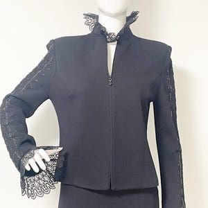 Vintage St John Santana knit, zip up jacket, snap on lace collar and cuffs, sequin accented sleeves, St John Evening by Marie Gray, USA