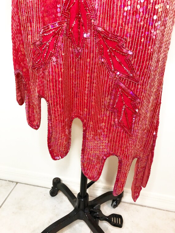 Vintage red beaded dress, sequin red dress, asymm… - image 7