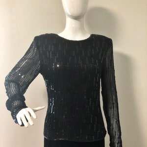 Vintage black beaded sequined top, Lawrence Kazar, black evening top, silk beaded blouse