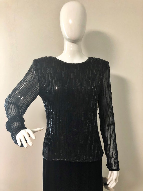 Vintage black beaded sequined top, Lawrence Kazar,