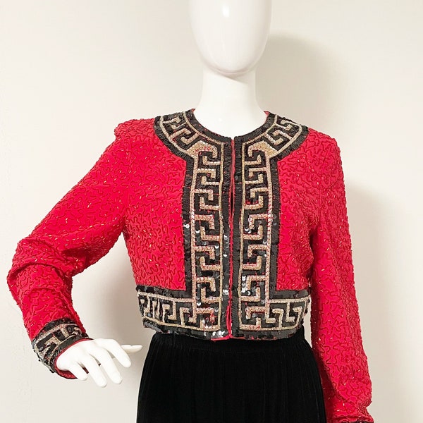 Vintage red and black beaded jacket, Lillie Rubin, Greek key, silk beaded jacket, holiday jacket, beaded cropped jacket