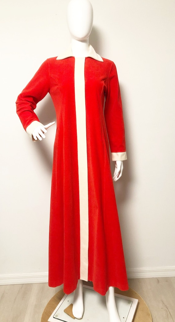 Vintage red and white velour robe, long snap front
