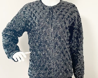 Vintage sequinned cardigan, lined sequin jacket, black evening sweater, sparkle cardigan