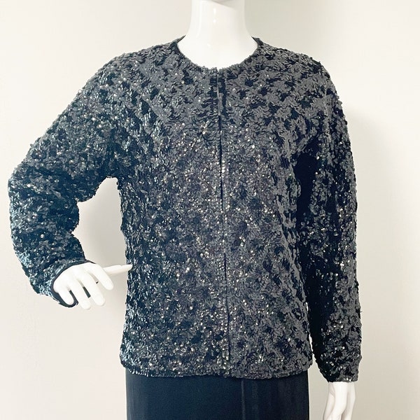 Vintage sequinned cardigan, lined sequin jacket, black evening sweater, sparkle cardigan