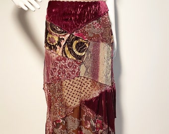Vintage Cache patchwork skirt, velvet, animal print, paisley long skirt, boho hippie skirt, overlay skirt