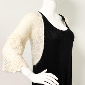 Ivory knit shrug, floral detail cream bolero, wedding shrug, sleeping on snow, wool shrug