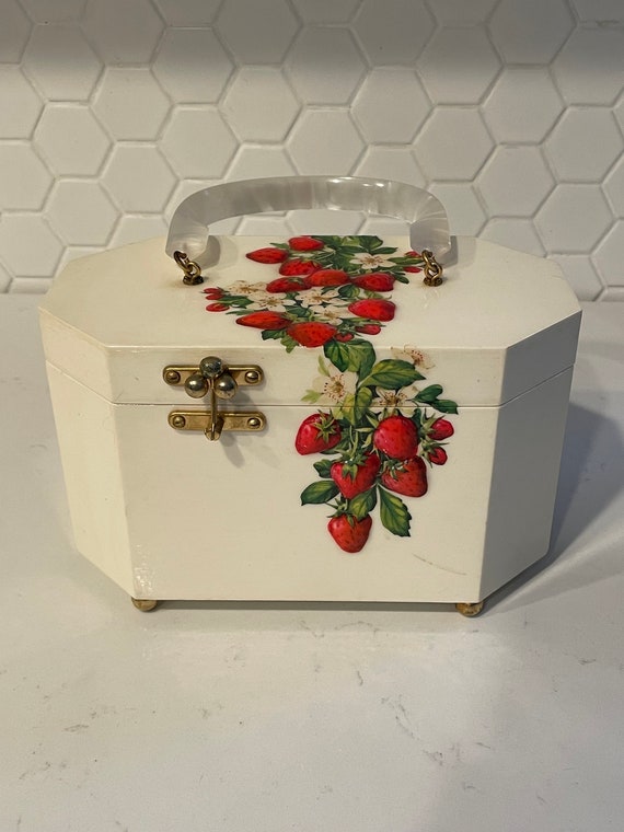 Vintage wood box purse, strawberries, lucite handl