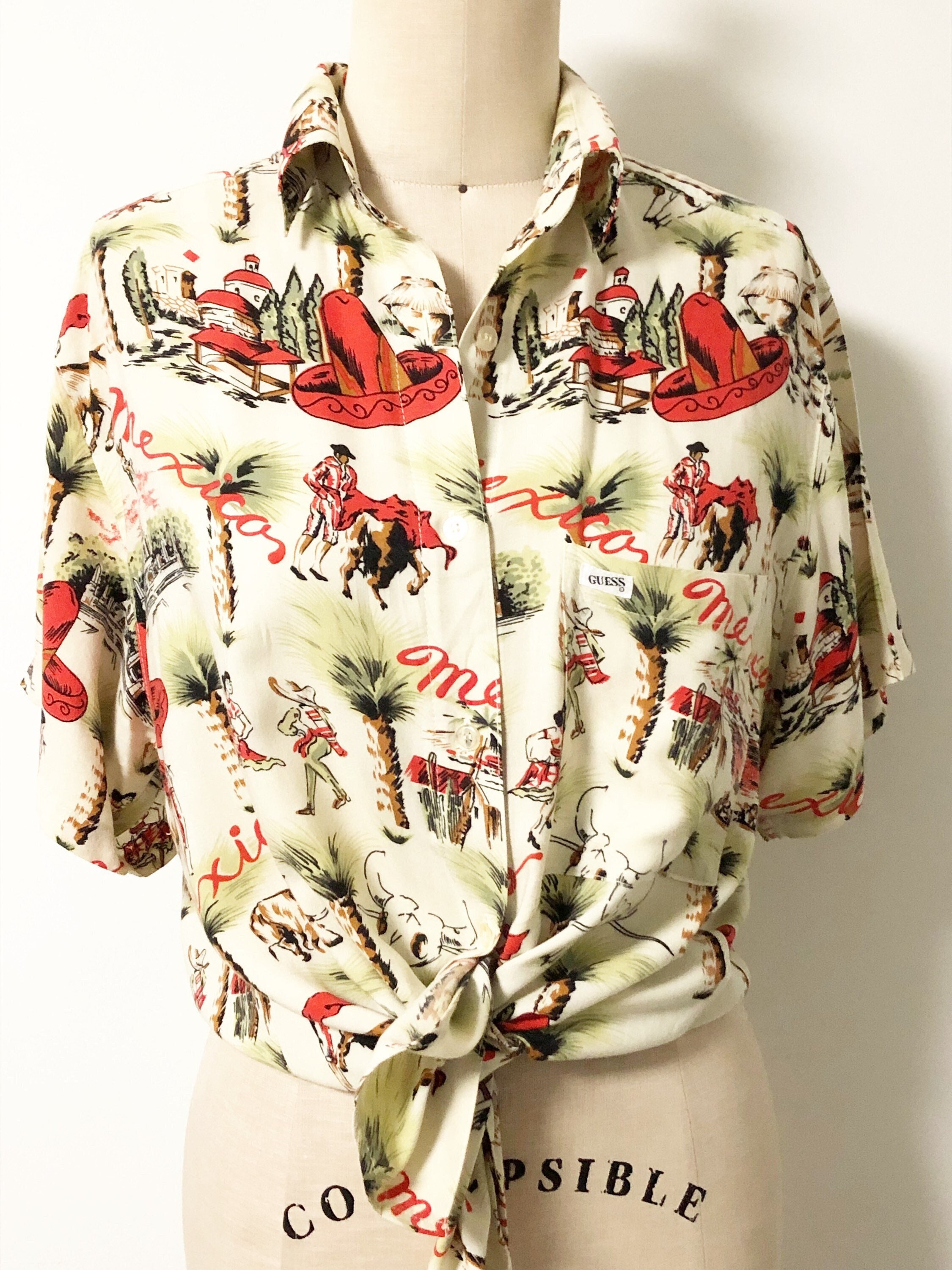 90's GUESS by Marciano 総柄シャツ ビンテージ 90s USA製 GUESS GEORGES MARCIANO 総柄 長袖 レーヨン シャツ M