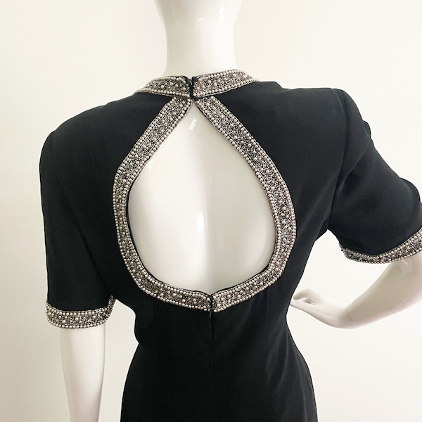 Vintage Black Tie Oleg Cassini LBD, beaded dress, peek a boo back, embellished black dress