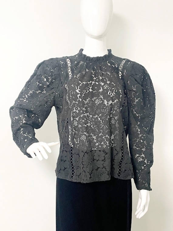 Vintage Black Lace Victorian Style Top, High Neck, Puff Vintage Black Lace Victorian Style Top, High Neck, Puff