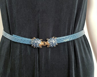 Vintage novelty ladybug buckle belt, blue faux snakeskin belt, skinny belt, navy blue ladybugs, enameled ladybug buckle