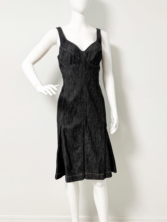 Vintage denim dress, The Look Randolph Duke, zippered pleat hemline, boned bodice, sweetheart neckline, jean dress