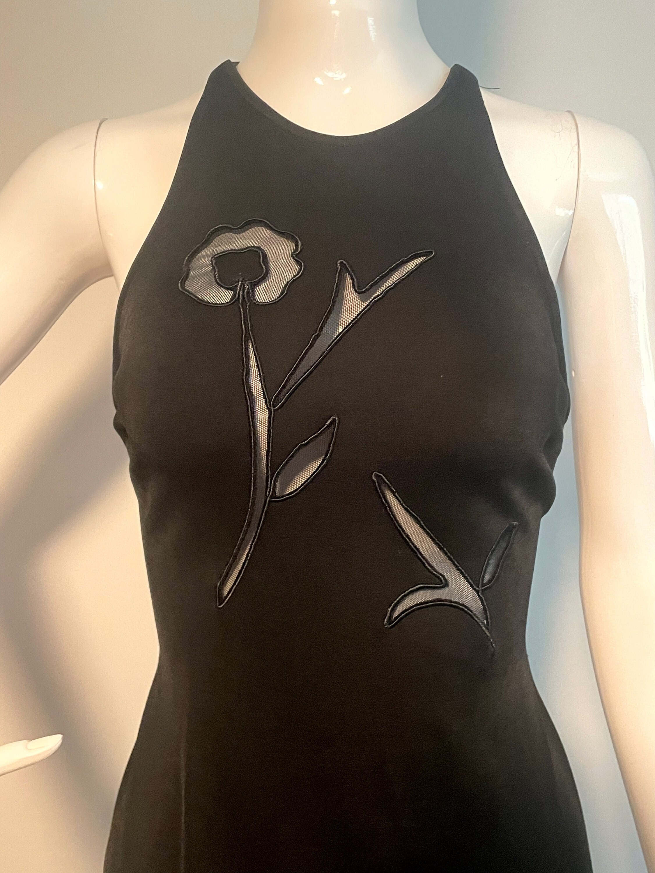 cache black dress Vintage Cache Black Gown, Floral Cut Out, Crisscross Halter Back, Illusion  Mesh Fabric, Sexy Black Dress