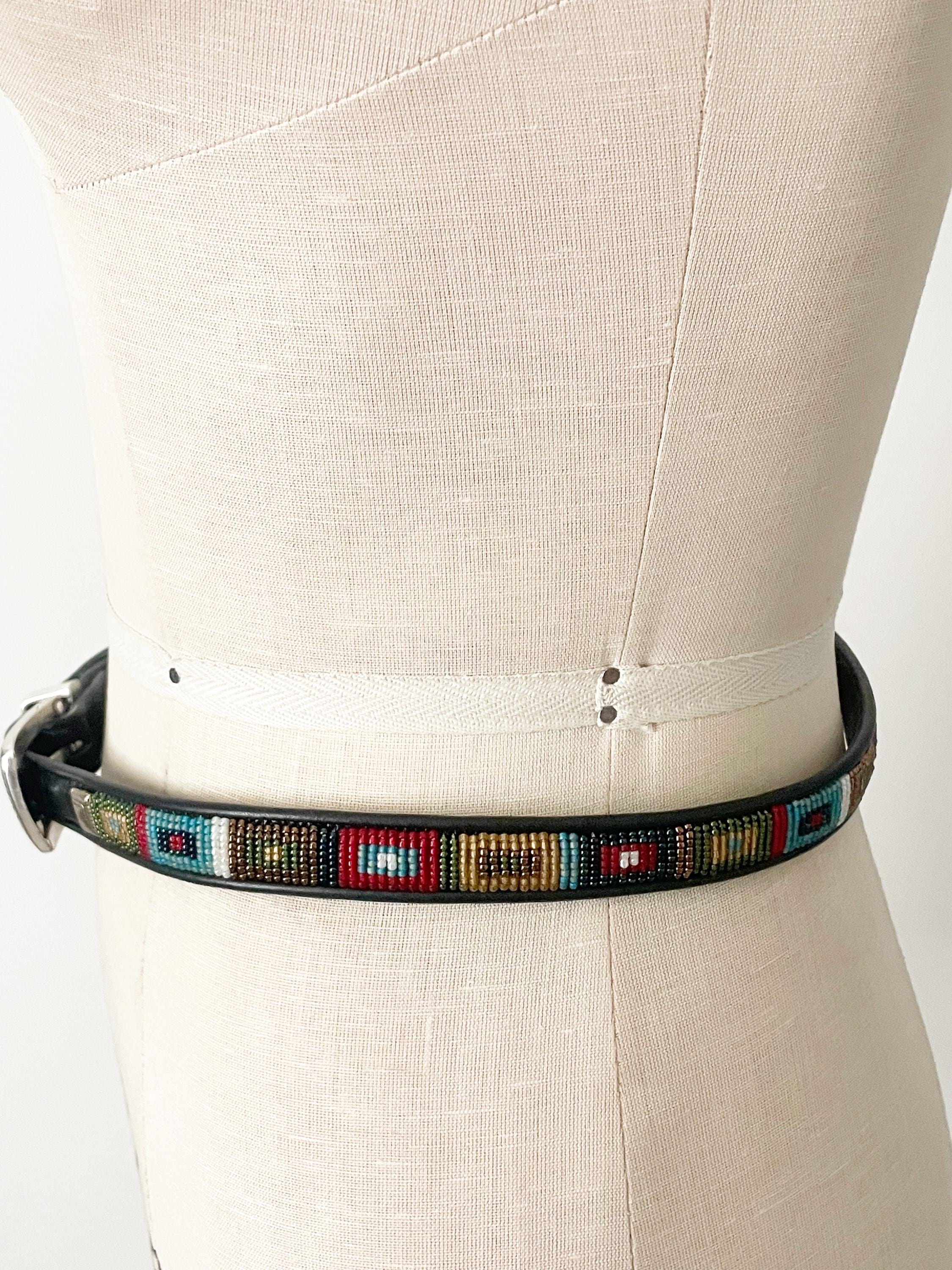 Vintage Brighton Skinny Beaded Belt, Black Belt, Colorful 