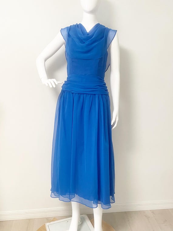 Vintage Jcpenney Tea Length Royal Blue Dress, Sleeveless Dress, Ruched  Waist, Tie Back, Cowl Cape - Etsy New Zealand