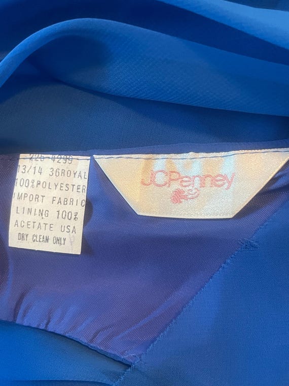 Vintage JCPenney tea length royal blue dress, sleeveless dress, ruched waist, tie back, cowl cape