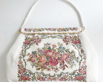 Vintage mirobeaded tapestry top handle purse, beaded handbag, made in France