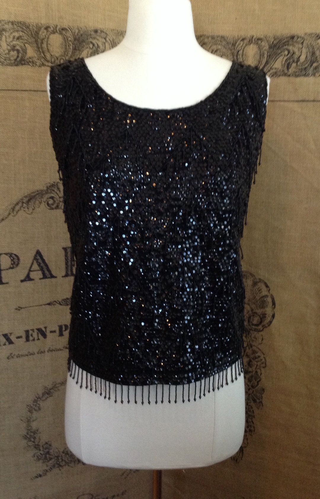 Vintage Black Beaded Top 1960's Fringed Top Sequin - Etsy