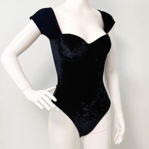 Vintage black stretch velvet bodysuit, made in France, underwire bodysuit, sexy velvet, sweetheart neckline