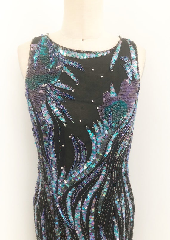 Vintage beaded gown, black silk beaded gown, Black