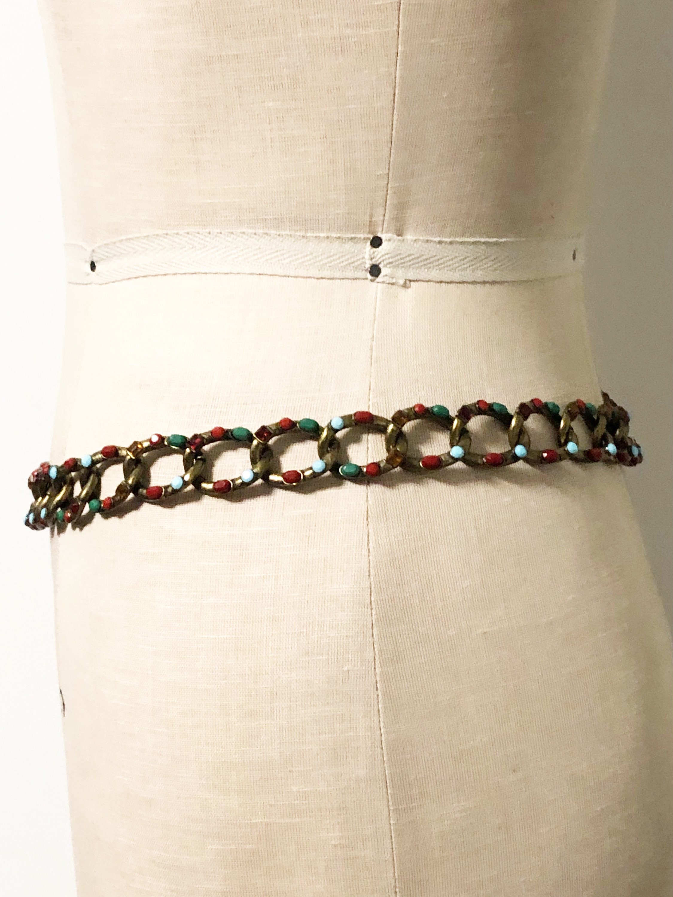 Vintage Antiqued Gold Tone Jeweled Chain Belt, Adjustable