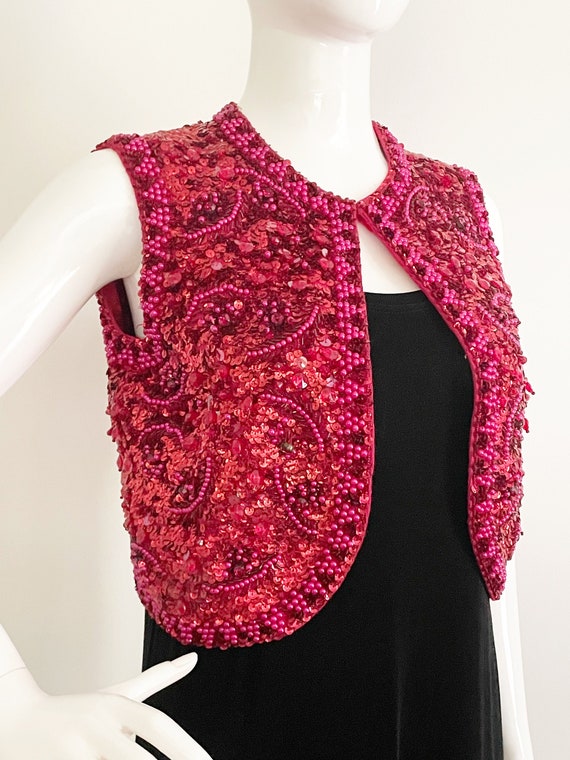 Vintage Valentina beaded vest, red pink sequin bea