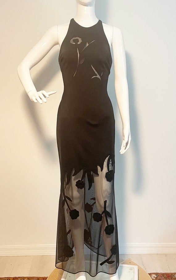 Vintage Cache Black Gown, Floral Cut Out, Crisscross Halter Back, Illusion  Mesh Fabric, Sexy Black Dress - Etsy