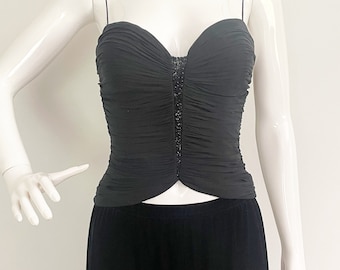 Vintage Lillie Rubin silk ruched top, beaded top, peek a boo waist, sweetheart neckline, silk evening top