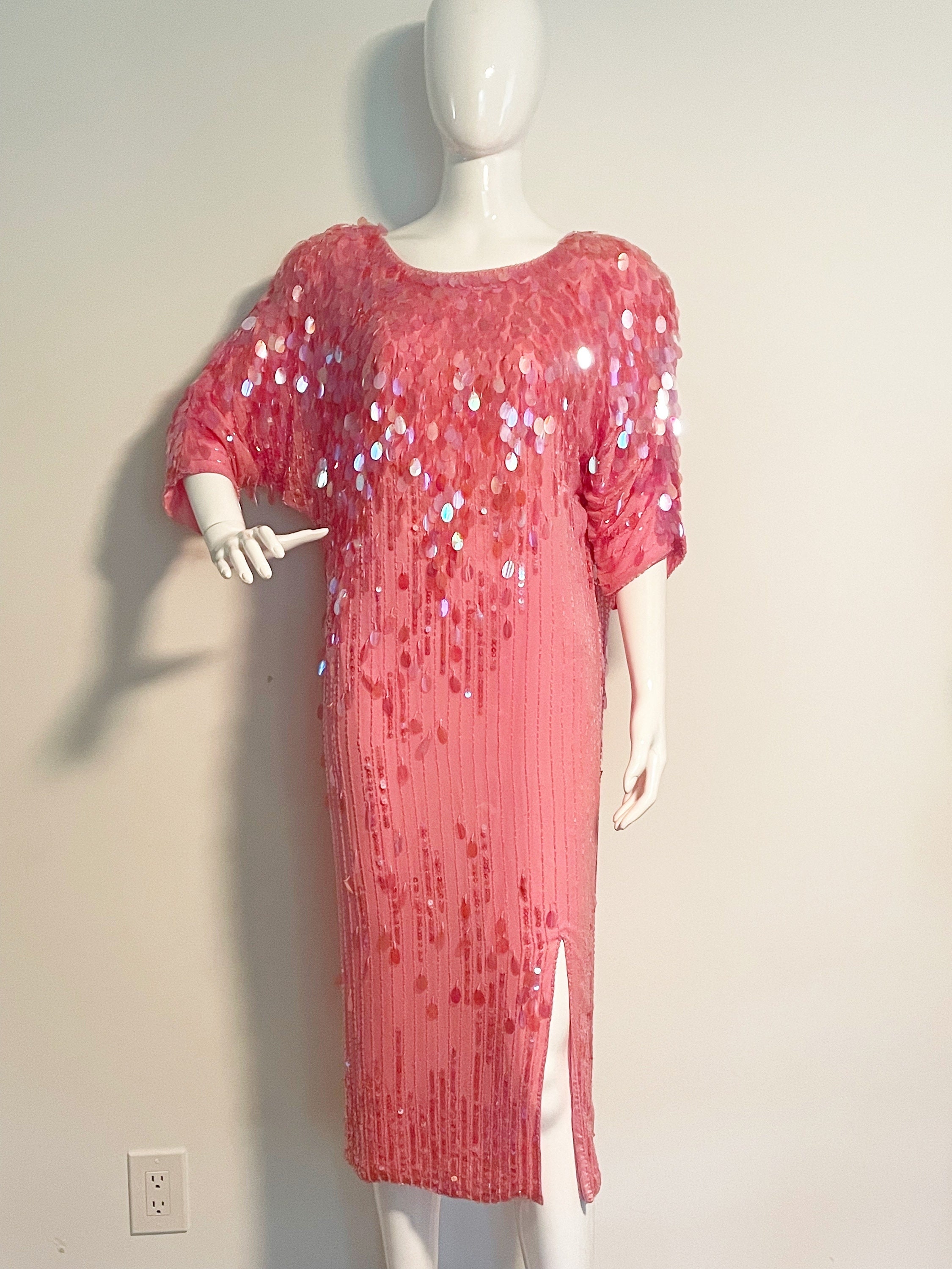 beaded faux wrap dress with dolman sleeves in rose gold Adrianna Papell Women's Bead Flutter-Sleeve Midi Mesh Dress - Blush Multi