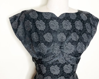robe noire vintage années 60, jacquard, train, florale, Miss Junely, LBD, robe noire