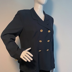 Vintage Louis Feraud blazer, double breasted navy jacket, Germany, pocket design/detail, Size 12