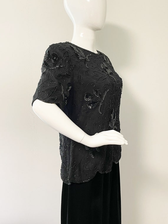 Vintage black beaded silk top, sequin and beaded … - image 2