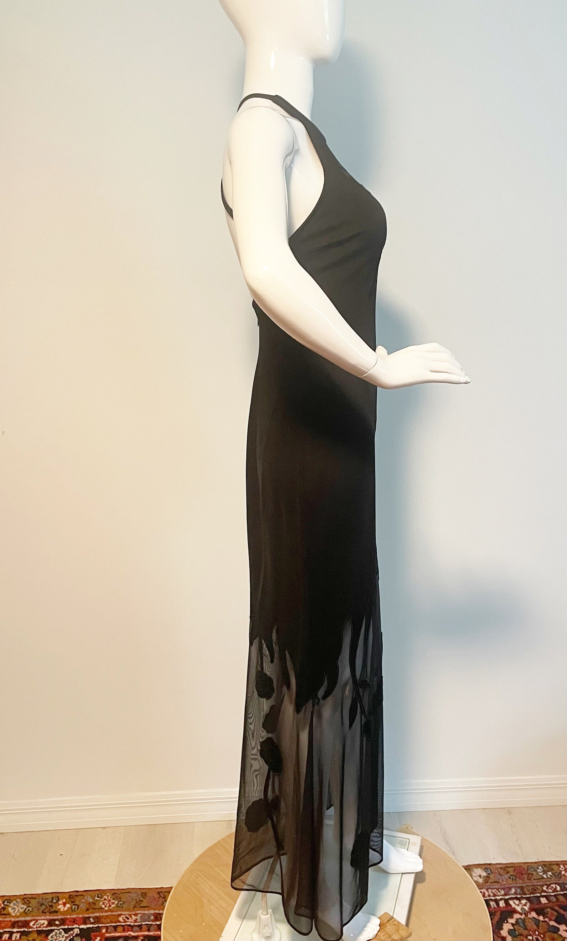 cache long black dress Vintage Cache Black Gown, Floral Cut Out, Crisscross Halter Back, Illusion  Mesh Fabric, Sexy Black Dress