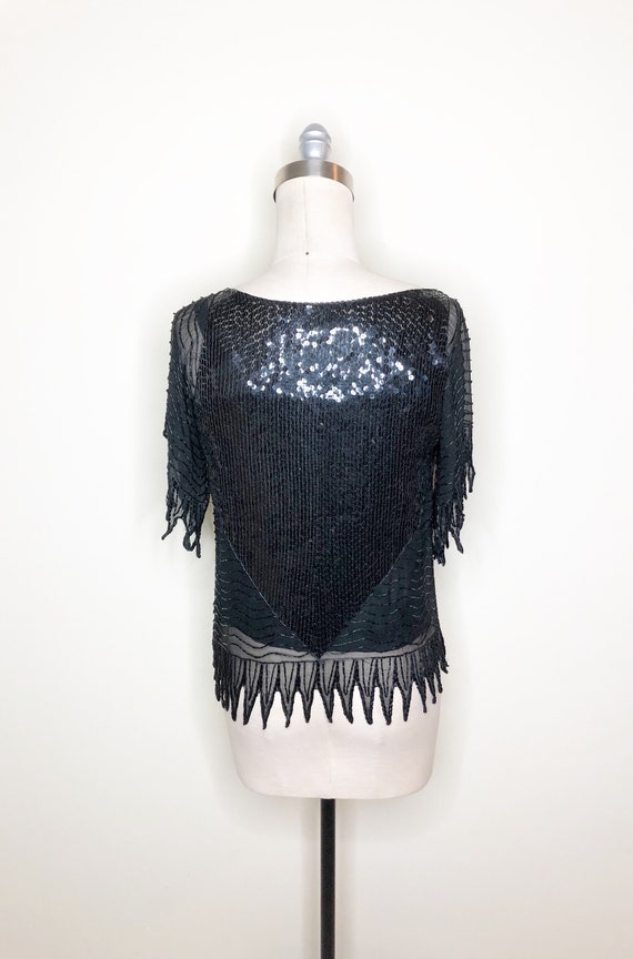 Vintage black beaded top, Swee Lo beaded top, seq… - image 4