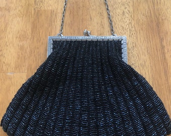 Black beaded purse, beaded handbag, evening bag, 40's purse