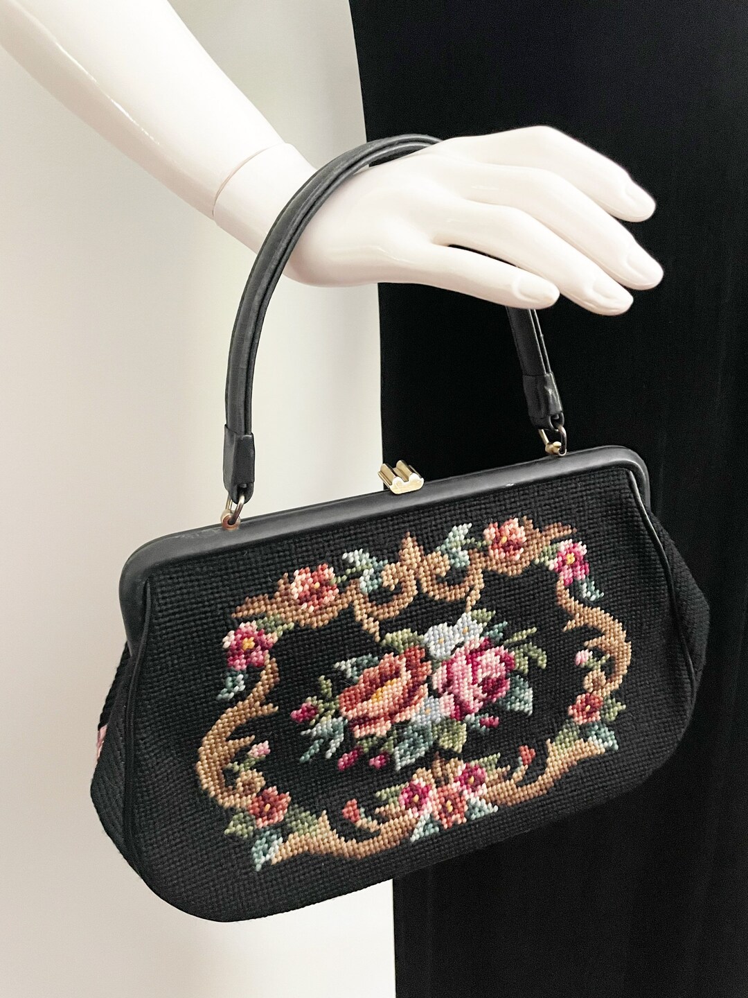 Vintage Needlepoint Black Top Handle Handbag, Floral Front and Back