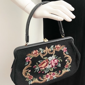 Vintage needlepoint black top handle handbag, floral front and back needlepoint bag, kiss lock top