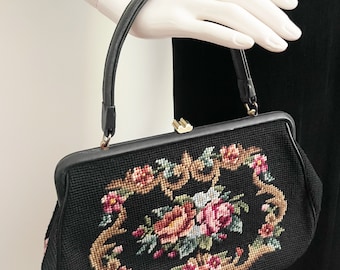 Vintage needlepoint black top handle handbag, floral front and back needlepoint bag, kiss lock top