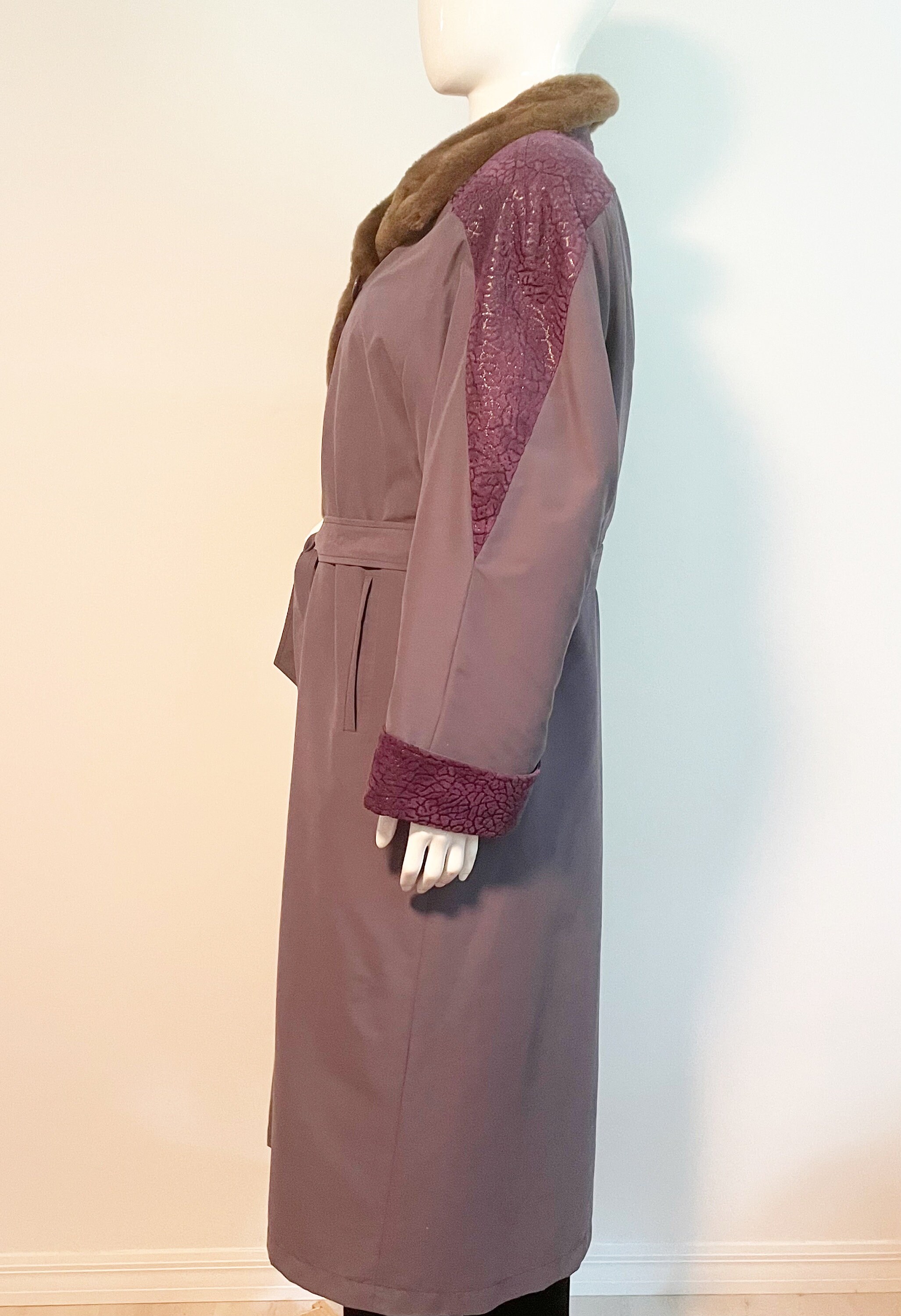 ヴィンテージ パープル レザー、ファー コート、オールウェザー