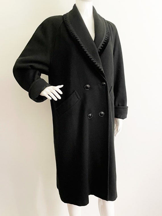 Vintage 1980's Black Wool Coat, Soutache Trim With Velvet, Double