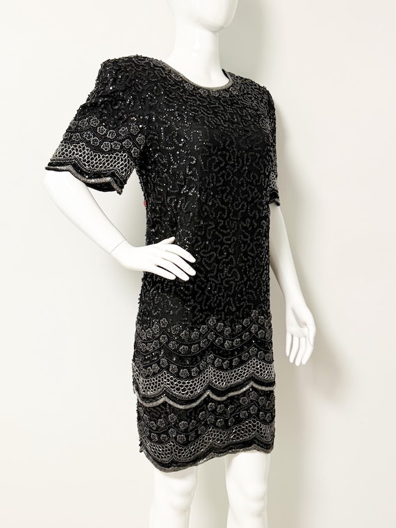 Vintage Laurence Kazar Black Beaded Dress, Short Sleeved Beaded Dress, Overlay Sequin Dress