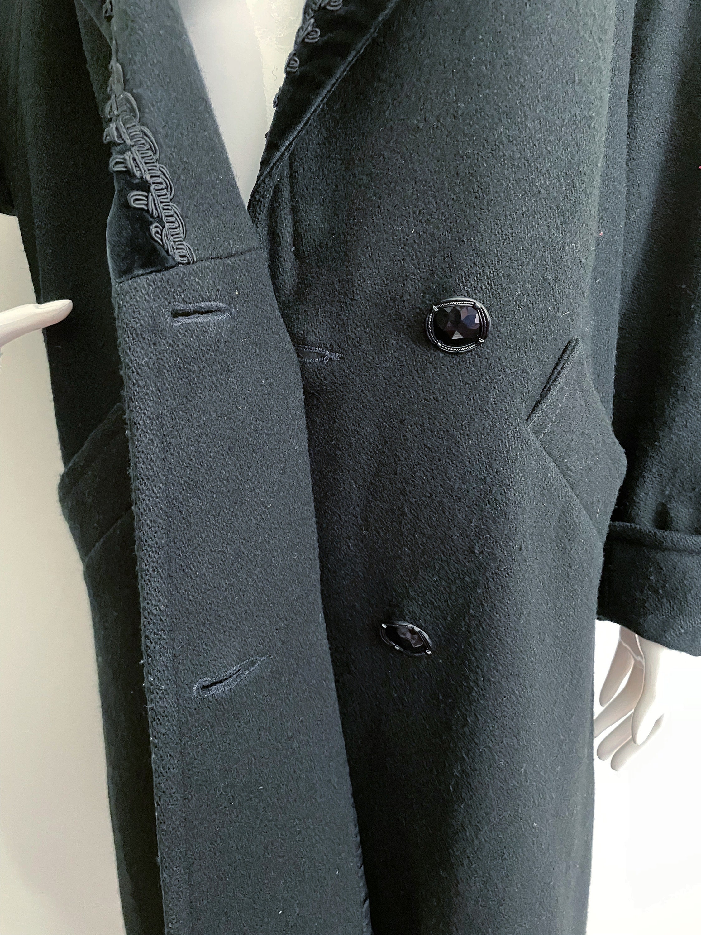 Vintage 1980's Black Wool Coat, Soutache Trim With Velvet