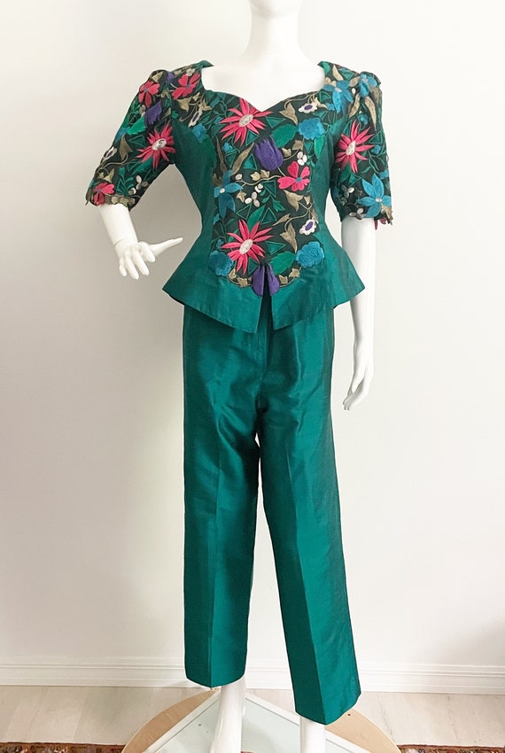 Vintage two piece silk suit, embroidered, embellis