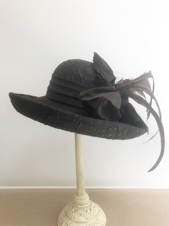 Vintage Chocolate Brown Hat, Wool Hat With Feathers  display picture 2