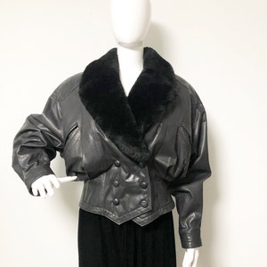 veste en cuir noir coupé vintage, col détachable Shearling, manche dolman, doublure zippée, veste courte en cuir, Byrnes & Baker