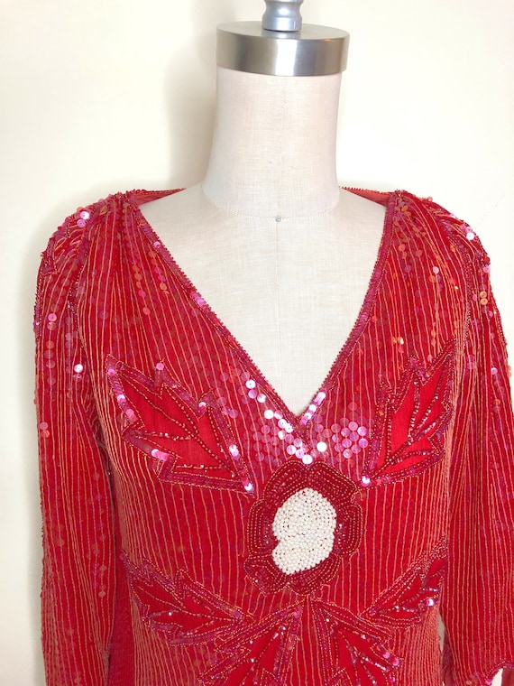 Vintage red beaded dress, sequin red dress, asymm… - image 1