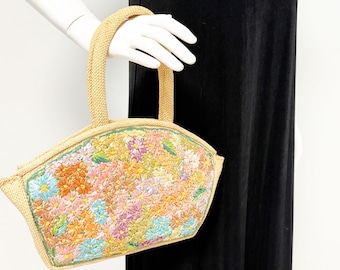 Vintage gewebte Strohtasche, geblümte Geldbörse, Stroh Geldbörse, Sommerblumentasche, Sommer Strohtasche mit oberem Griff